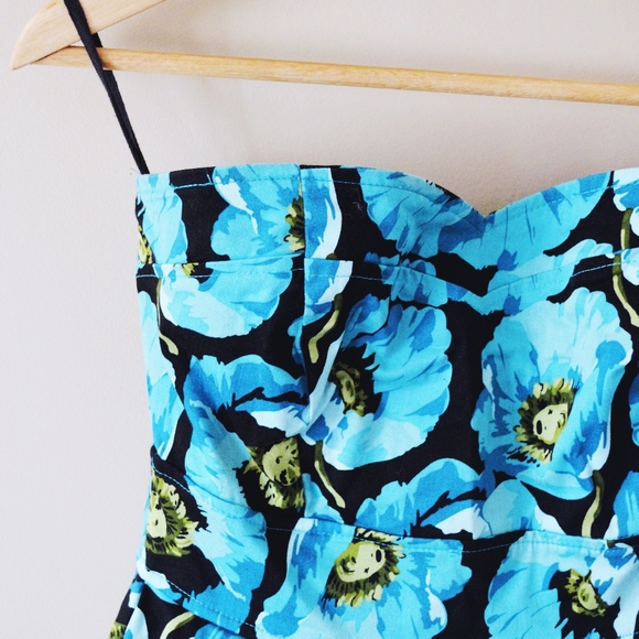bright blue floral poppy print mini dress - Picture 3 of 9
